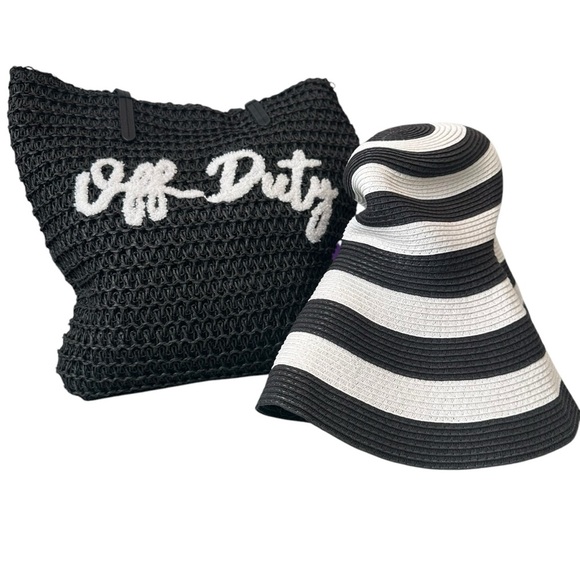 Vacation Bag And Hat.  Women's woven beach/pool Bag and hat. Black And white. - Picture 2 of 10